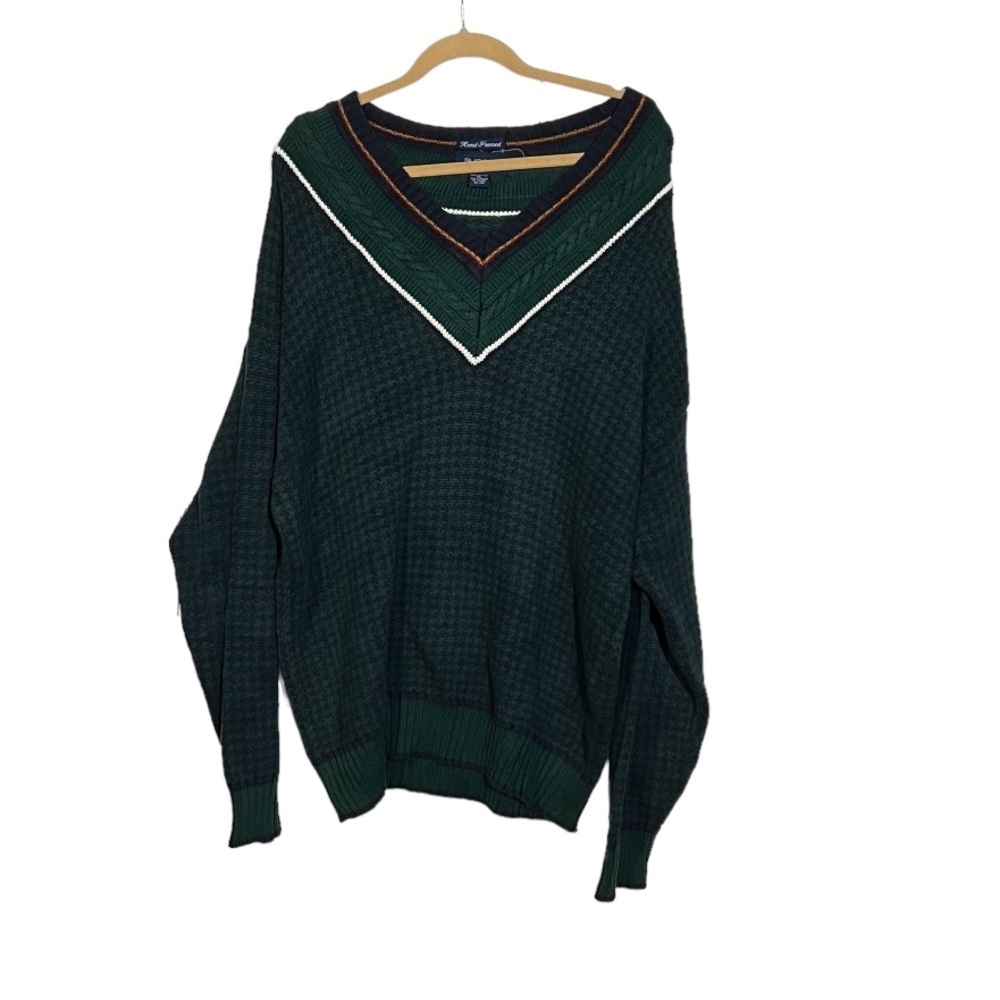 Vintage Gant 90’s V-Neck Sweater Hand Framed Green Navy Size XL Academia